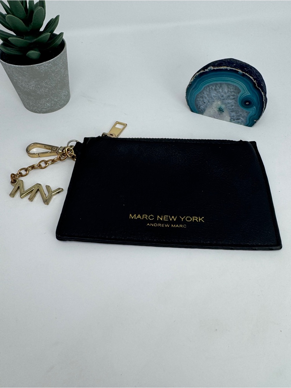 Marc New York Black Leather Zip Card Case with Gold MNY Charm